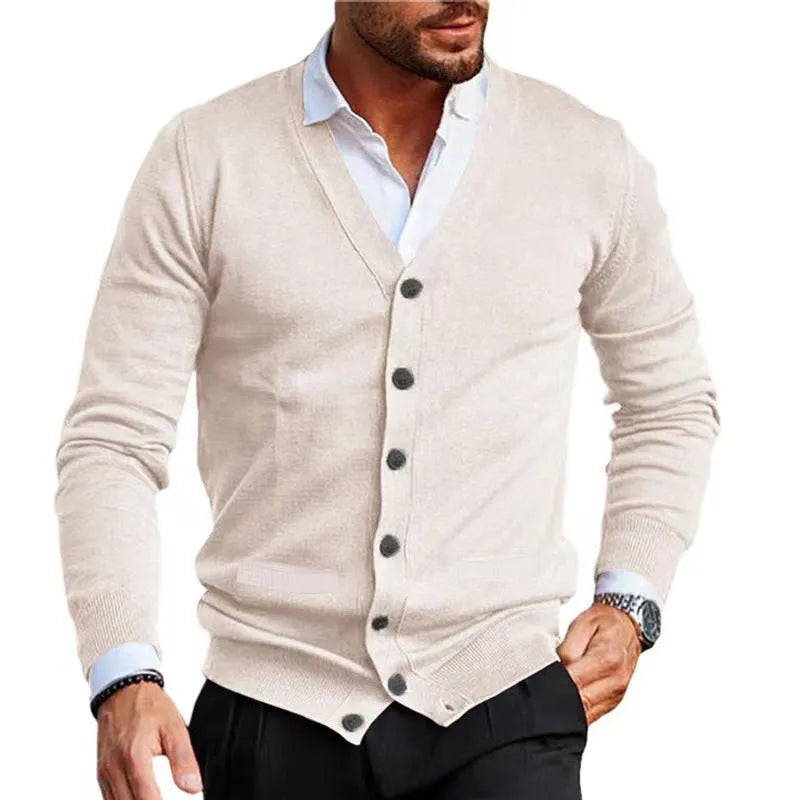 Men's slim fit acrylic cardigan sweater in a choice of seven colours including beige, black, grey, wine red, and green.