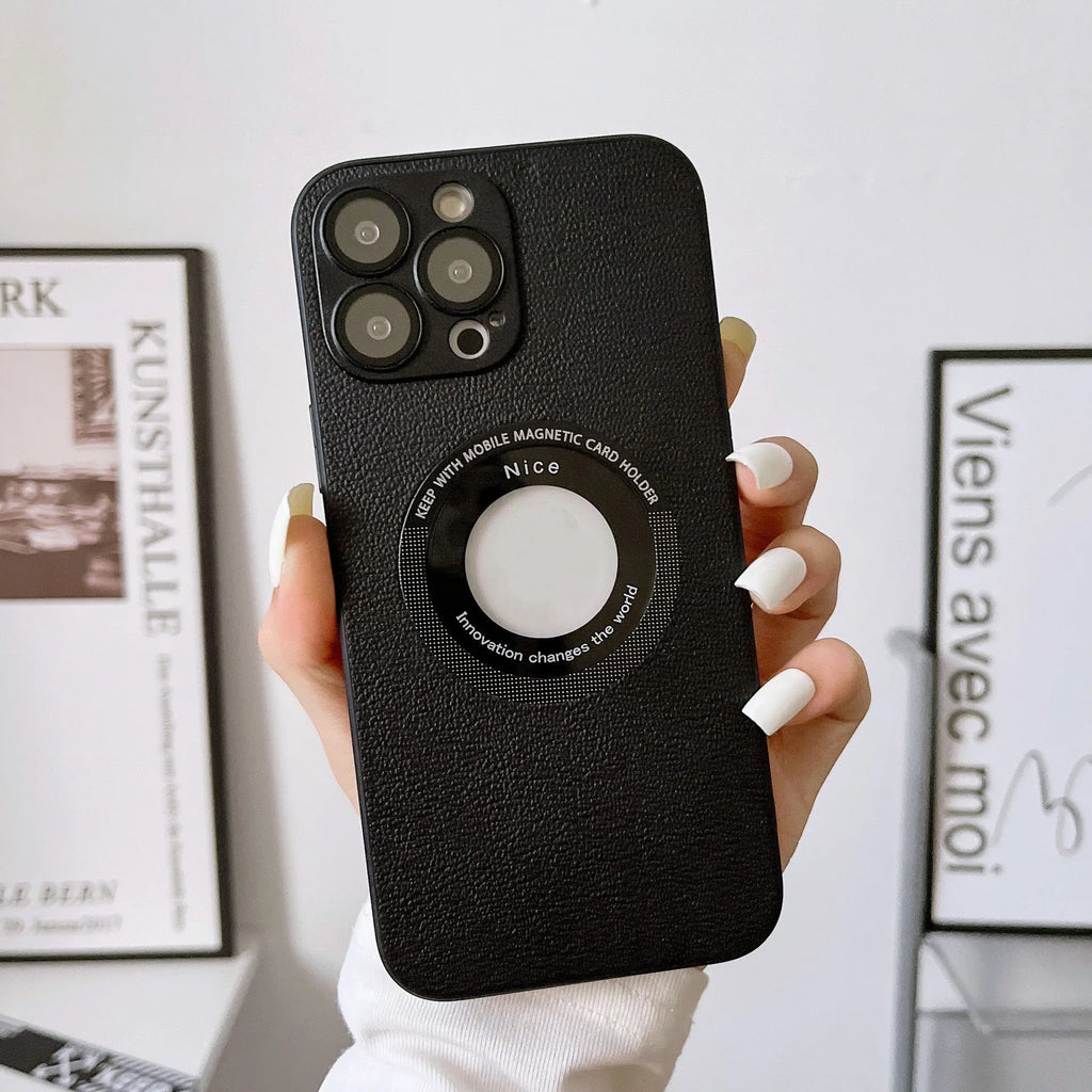 iPhone 15 Pro litchi grain leather magnetic suction phone case in black showing back cover texture