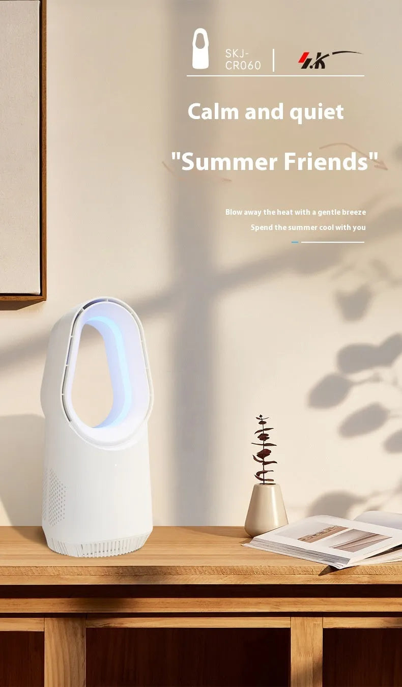 SK white bladeless tower fan with remote control placed on a wooden floor.