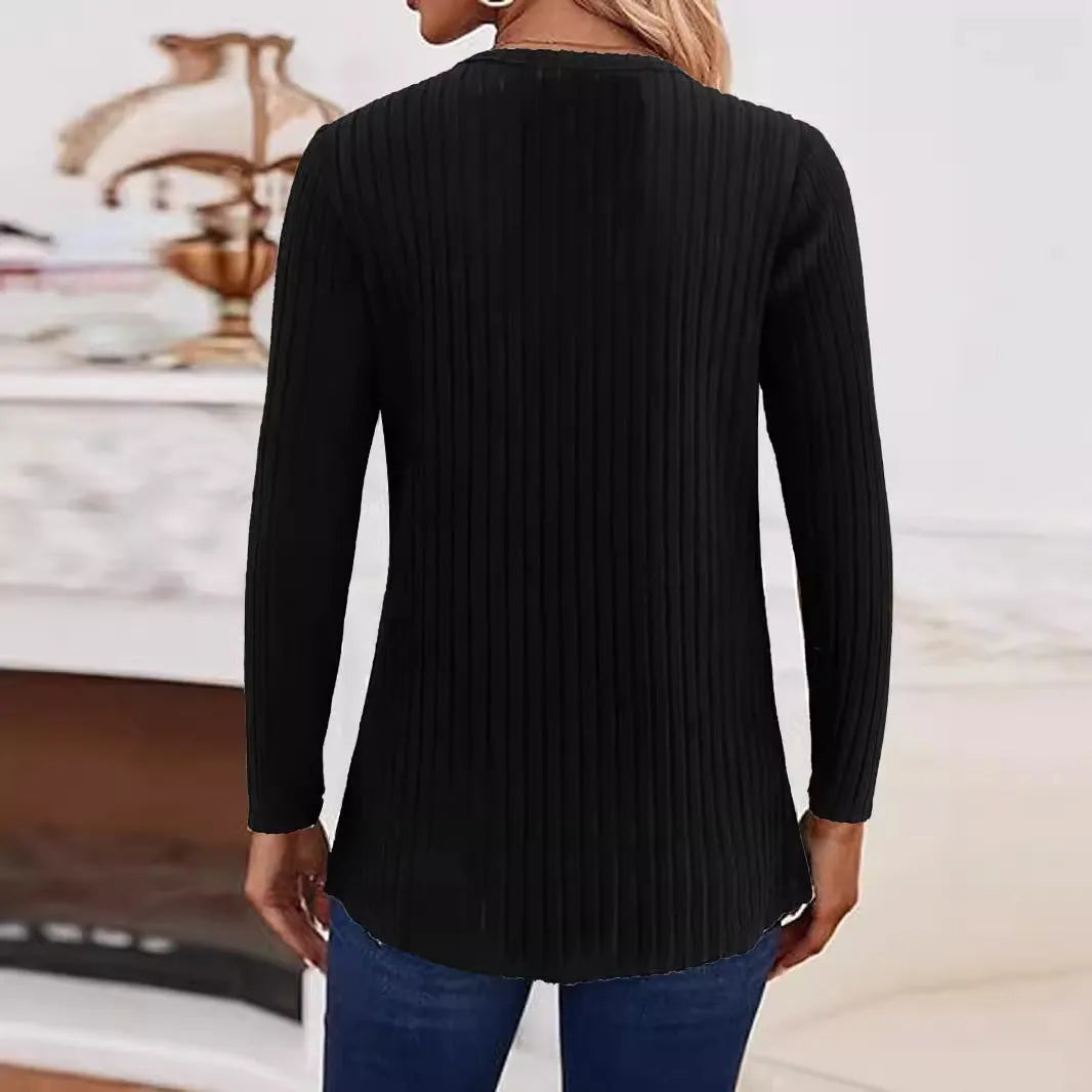 Simple solid colour knitted button sweater in black, a casual polyester pullover with regular sleeves
