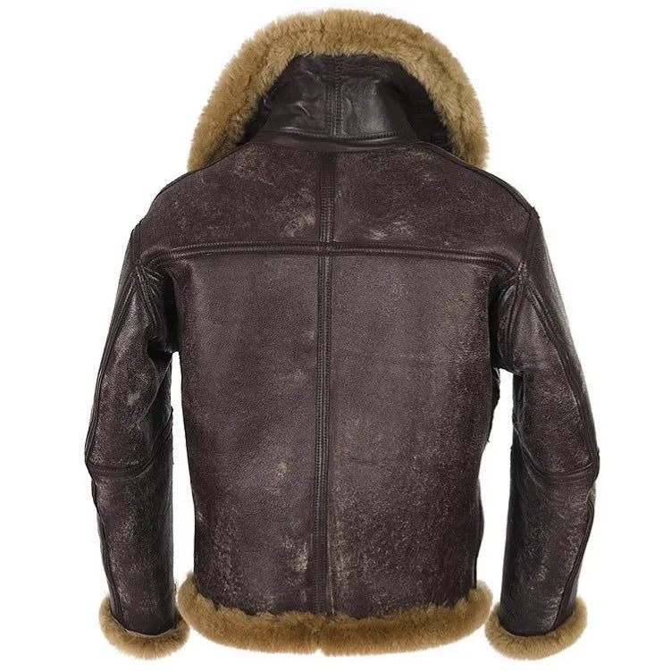 Vintage style synthetic leather fur coat for men in brown with side pockets