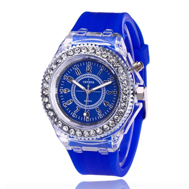 Women's LED luminous quartz watch with round 43mm dial on a silicone strap