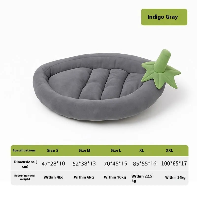Removable washable cloth dog bed mat in brown, shown next to size labels S, M, L, XL, XXL.