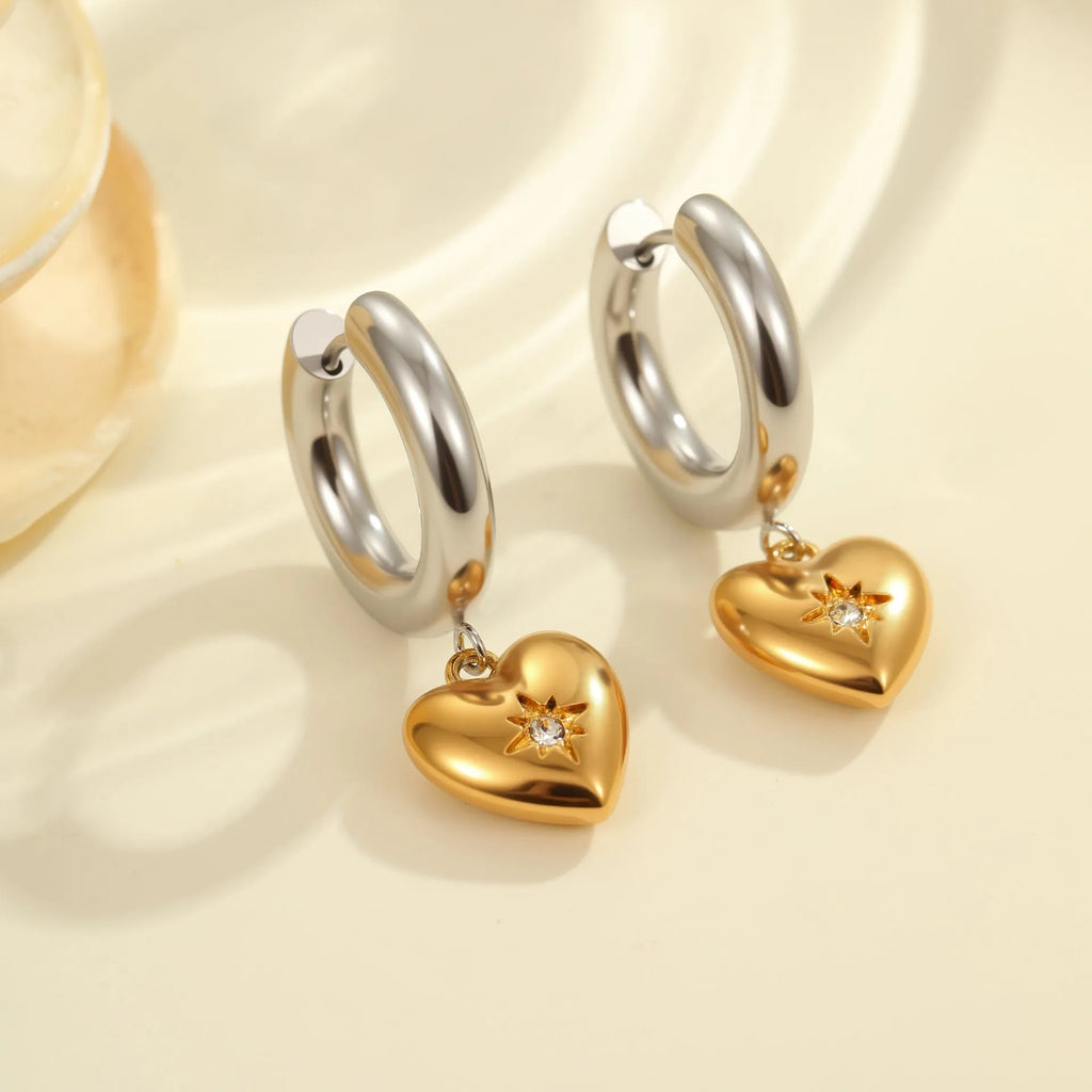 Gold Christmas tree earrings with heart and star shapes made from stainless steel with 18K plating