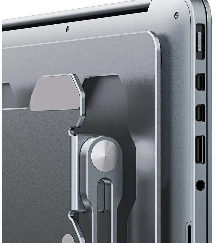 Aluminum adjustable laptop stand in folded and extended positions showing hollow design