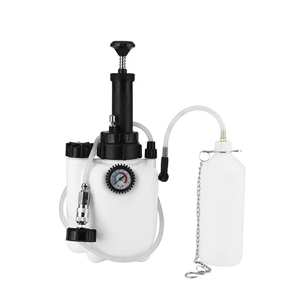 White plastic 3-litre brake fluid tank tool with copper and iron fittings for automotive service.