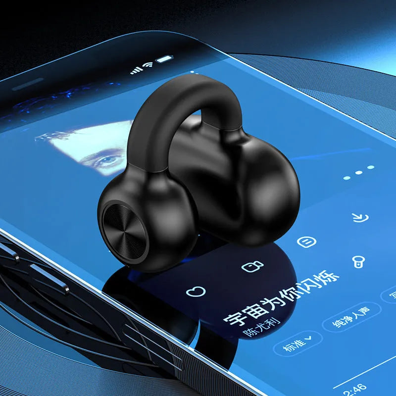Black and white wireless Bluetooth bone conduction headset with clip-on design for exercise use