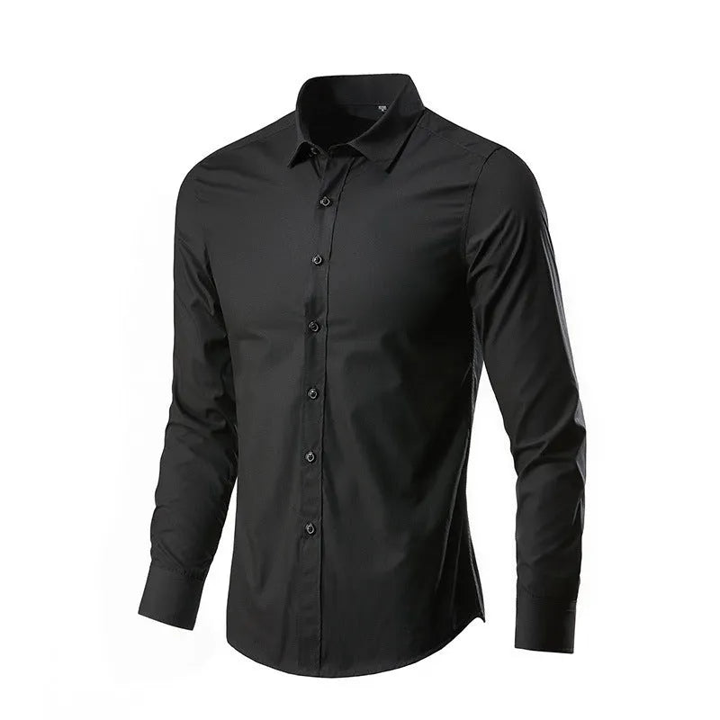 Man wearing a loose fit long-sleeve linen shirt in a neutral colour, showcasing the casual silhouette.