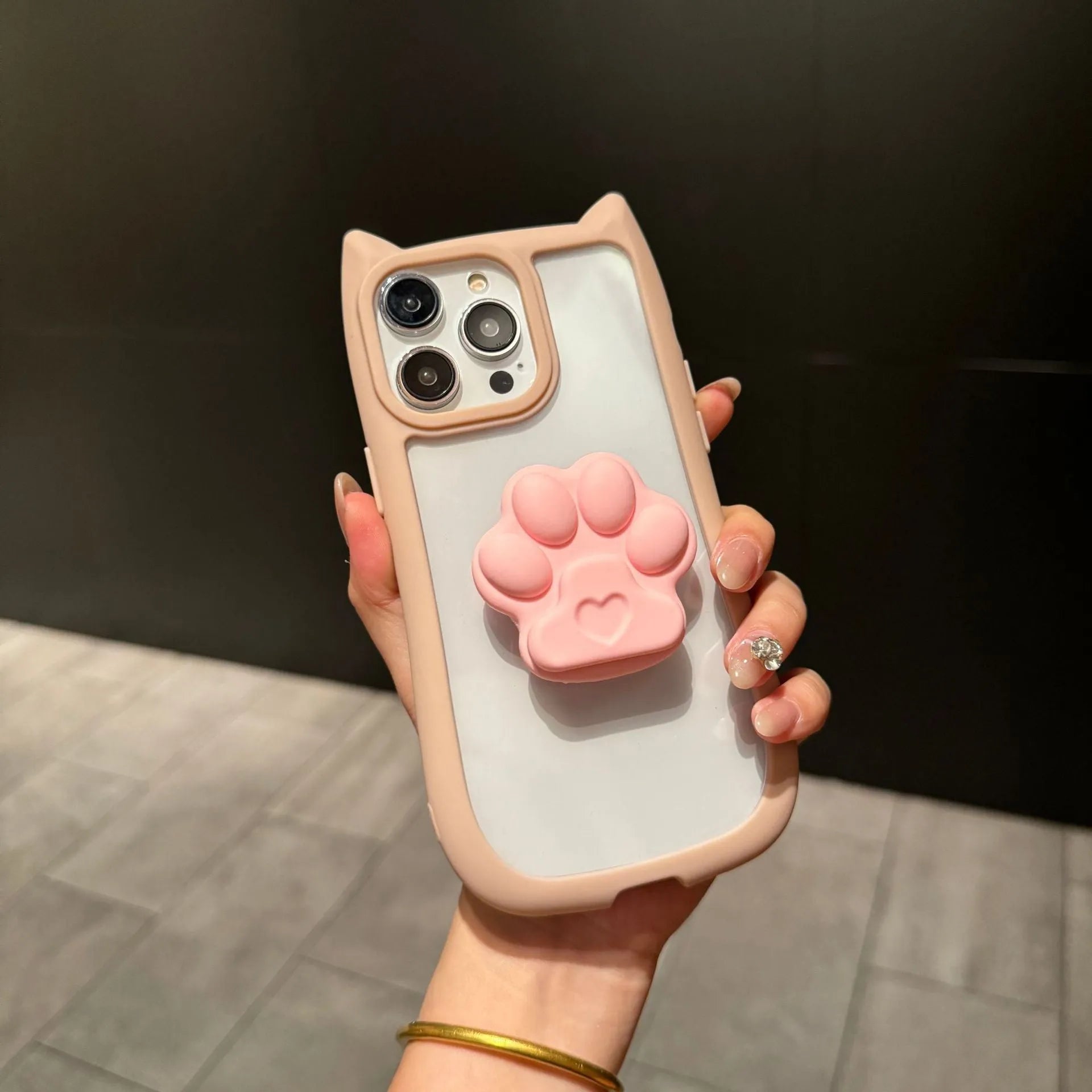 Cute three-dimensional cat ears transparent PC phone case for iPhone 11 12 13 14 15 16 Pro Max Plus; blue colour variant on display