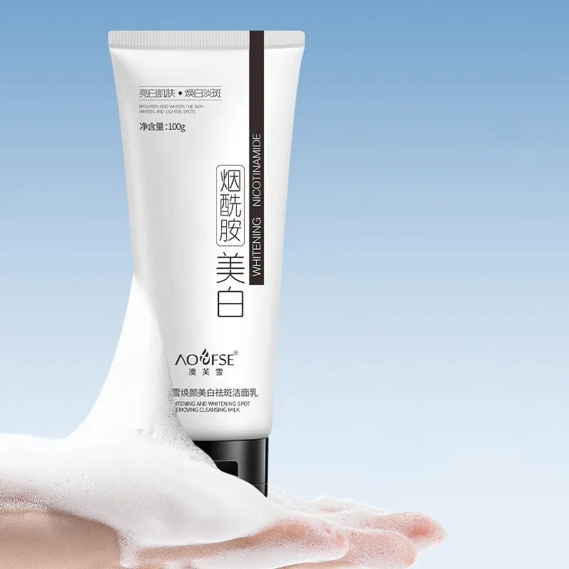 White facial cleanser bottle for whitening and freckle removal with pore cleansing properties
