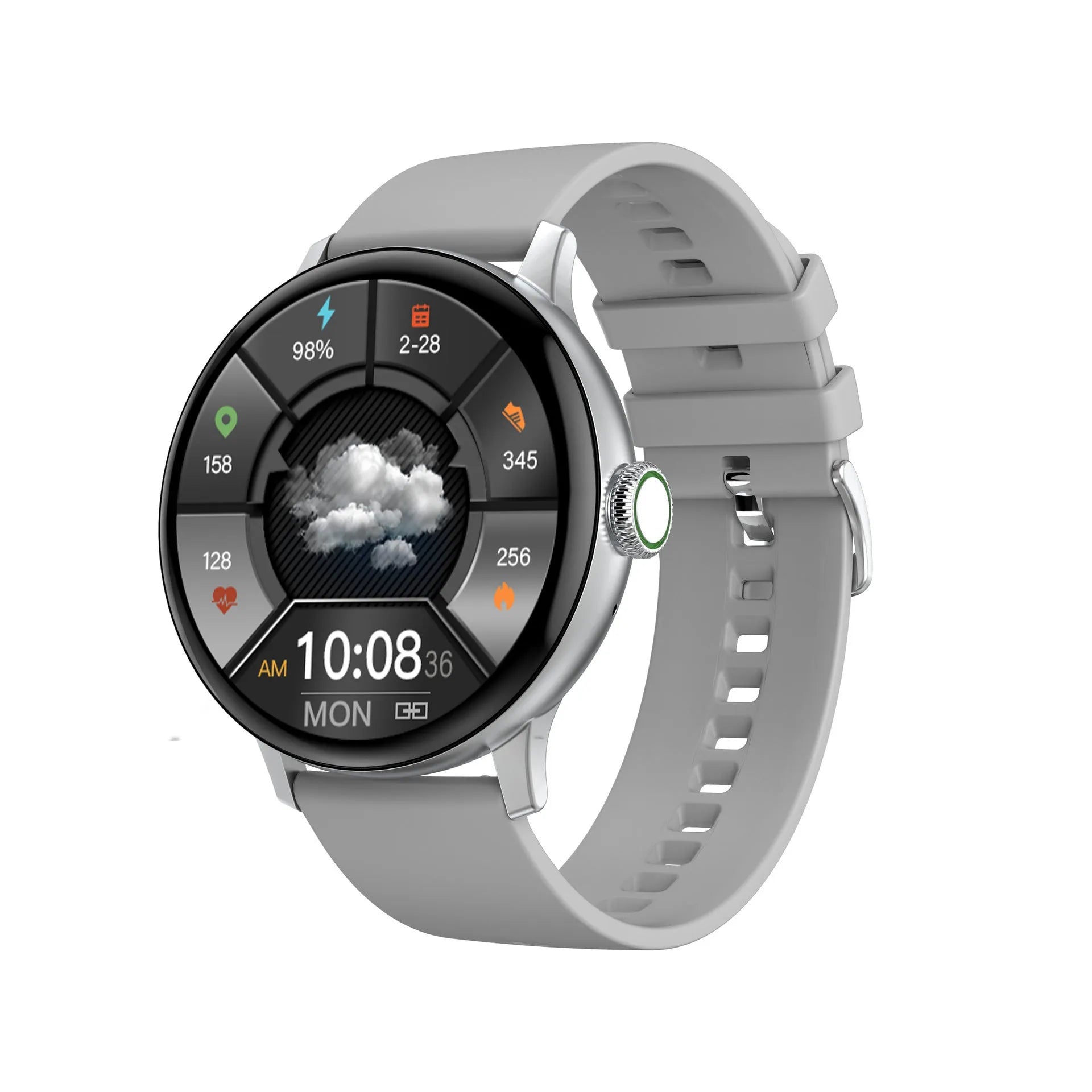 Gold smart bracelet with 42mm case on wrist, showing call screen and heart rate data.