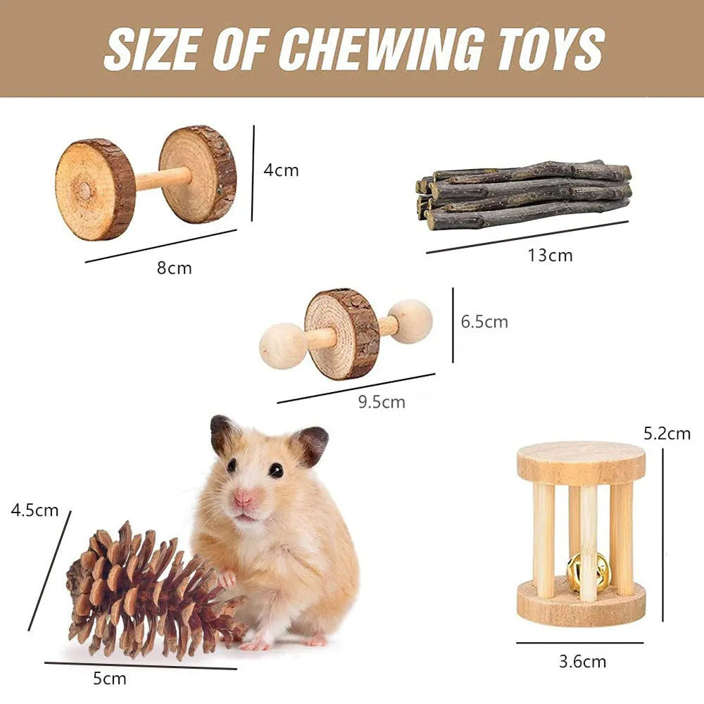 Assortment of wooden pet toys for rabbits guinea pigs and parrots in a set