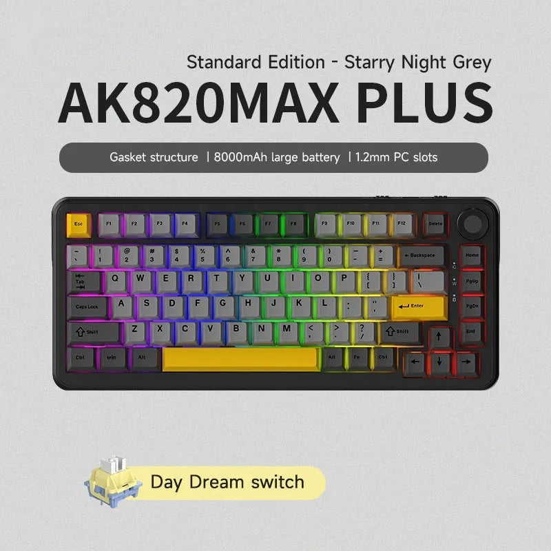 Three-mode mechanical keyboard with hot-swappable switches in black, grey and yellow colour combination