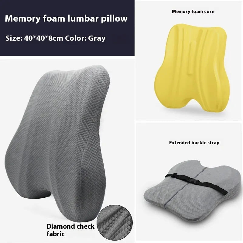 Grey lumbar support pillow for office chair measuring 40cm by 40cm.
