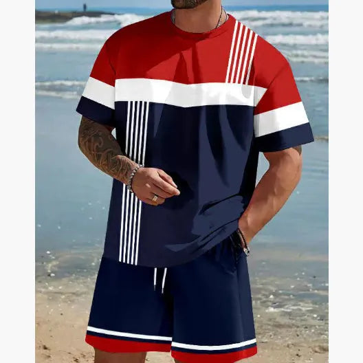 Man wearing a loose light blue short-sleeved T-shirt and matching shorts from a summer leisure suit set.