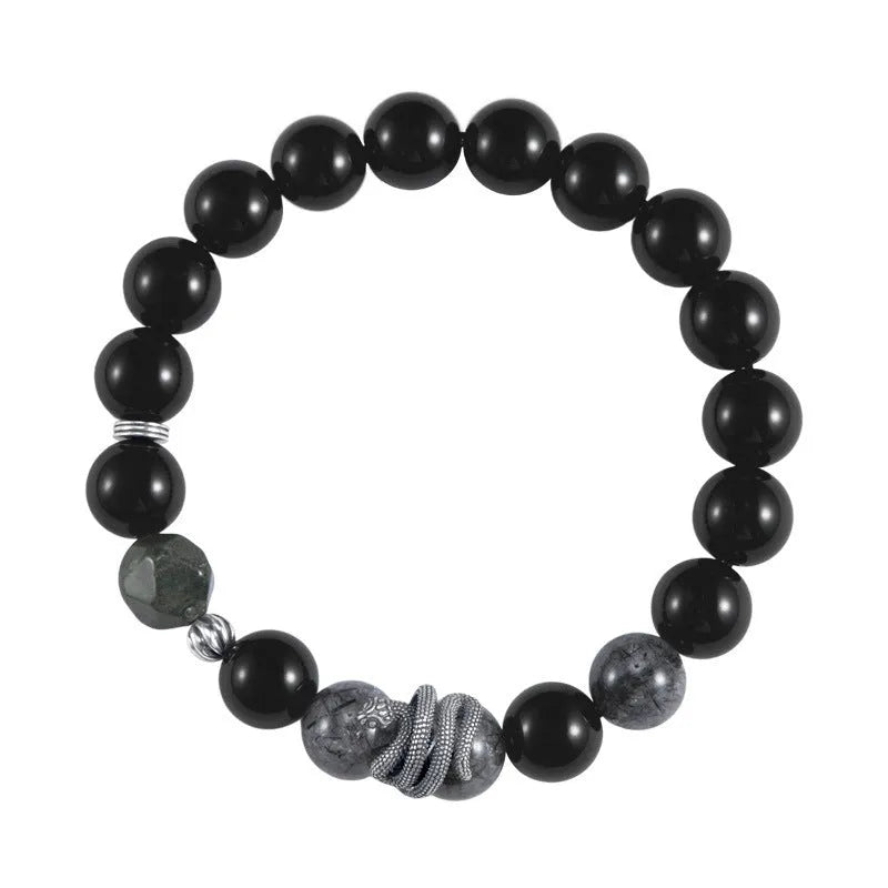 Men's sterling silver bracelet with black obsidian crystal snake charm in retro animal zodiac design