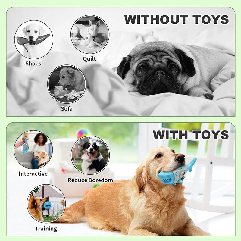 Blue durable rubber dog toy with shark-tooth texture and leaky design for teething puppies