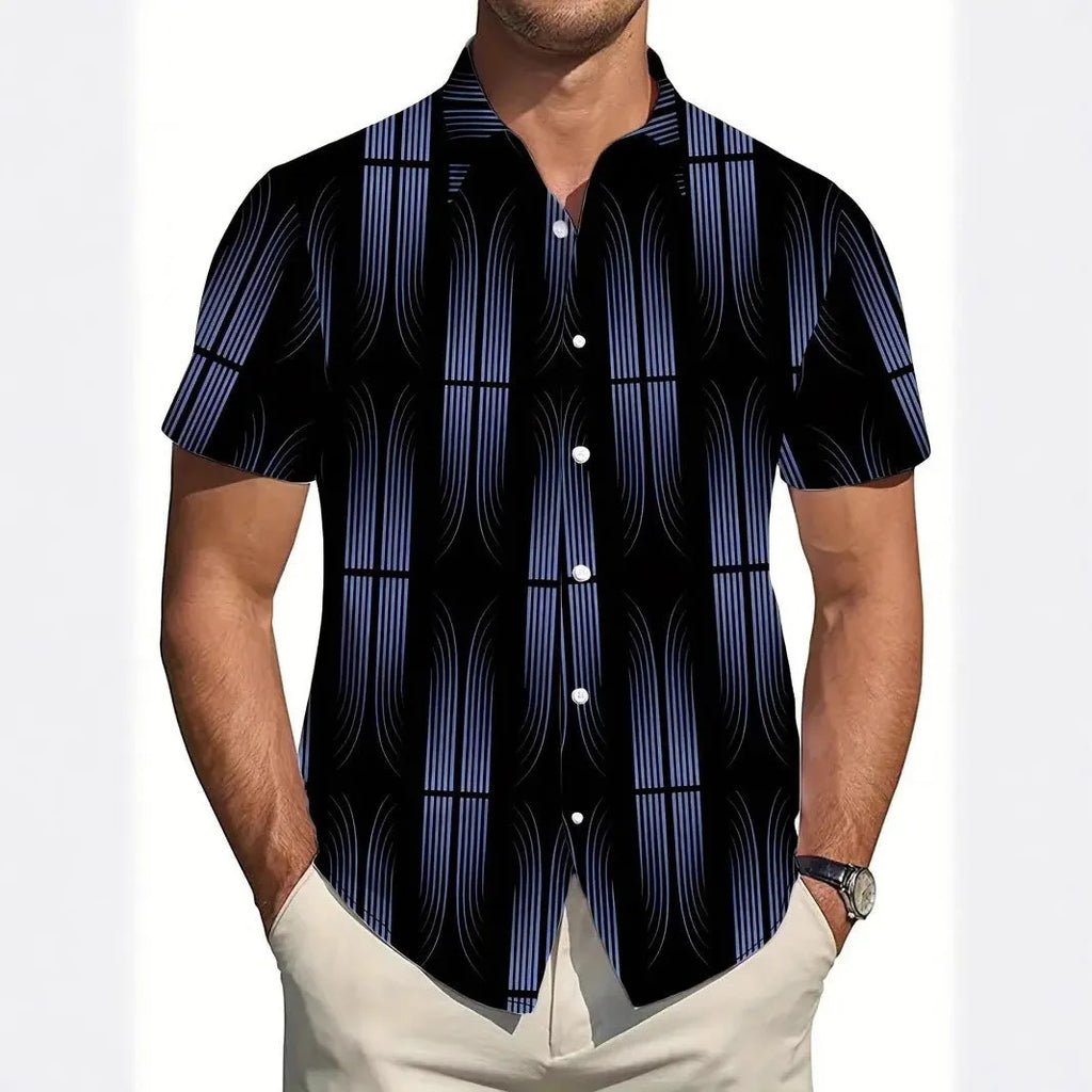 Men's slim fit geometric line print short sleeve lapel shirt in polyester on a mannequin.