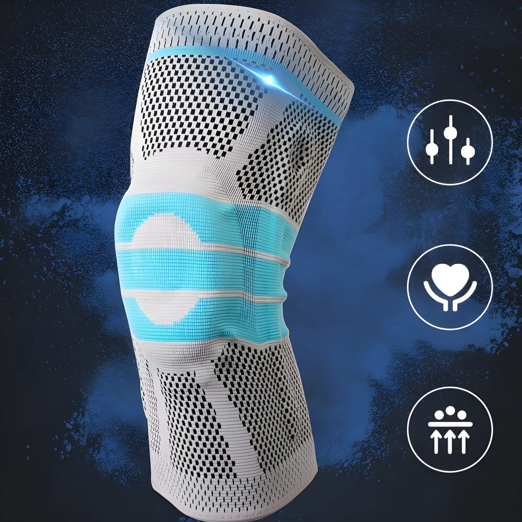 Sky blue silicone running basketball knee pads with elastic fibre construction in S, M, L, XL sizes