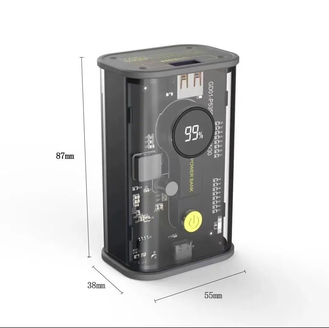 Transparent yellow power bank showing internal aluminum battery case with 10000mAh capacity