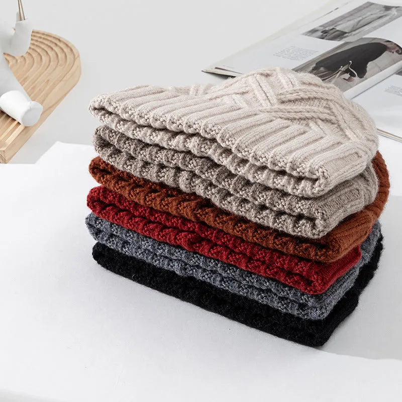 Thickened wool knitted winter hat in dome style available in ivory white khaki red brown grey and black