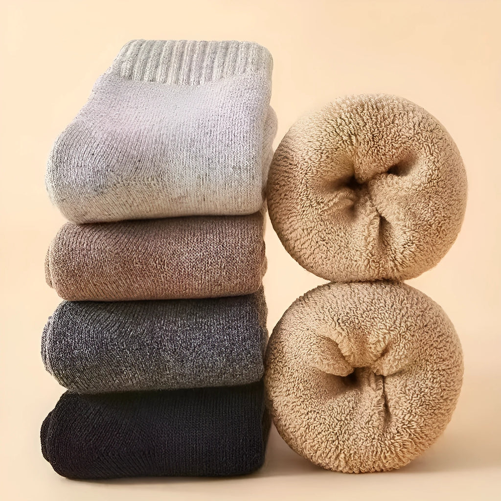 Pack of two thick merino winter wool socks in solid colours: black, khaki, light grey, and dark grey.