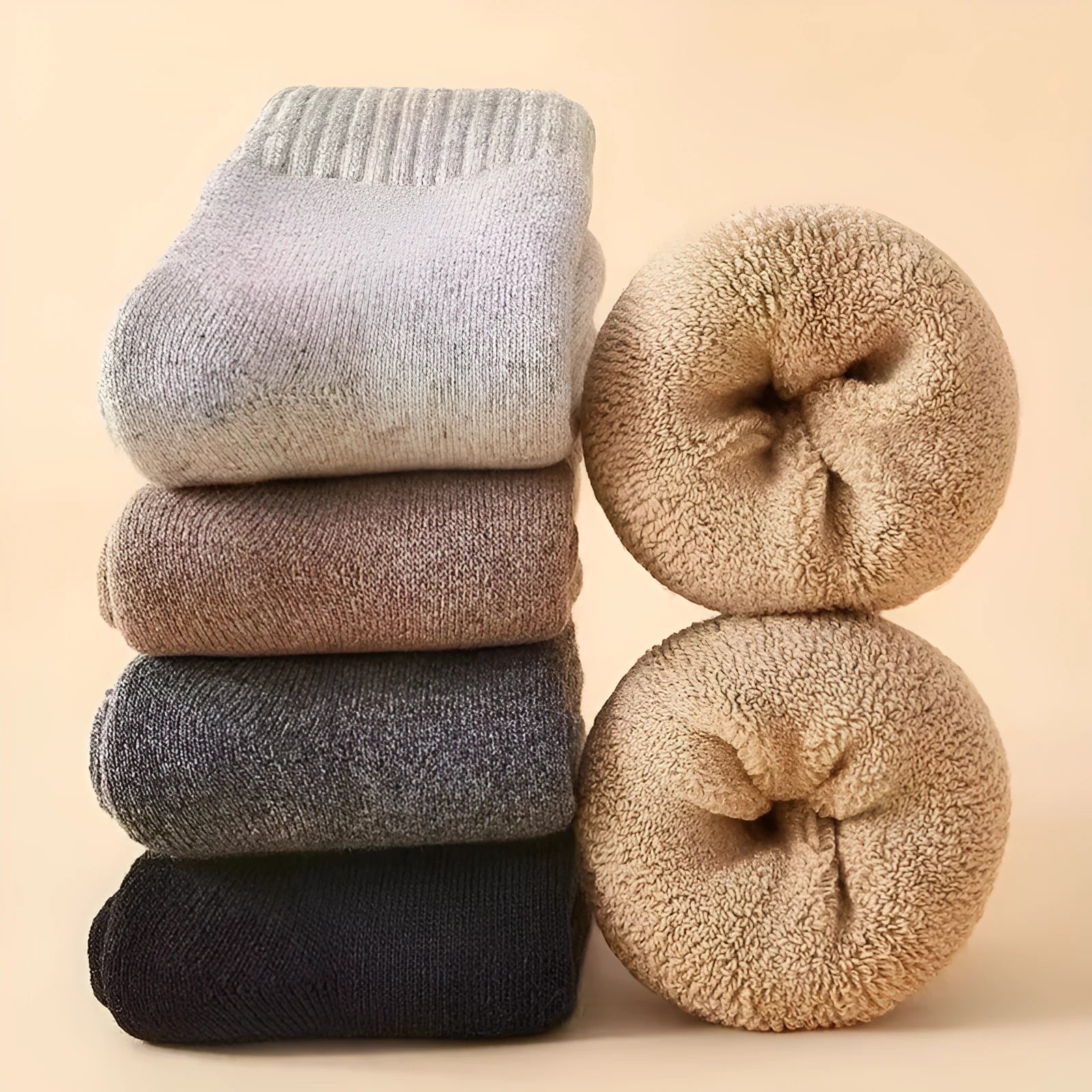 Pack of two thick merino winter wool socks in solid colours: black, khaki, light grey, and dark grey.