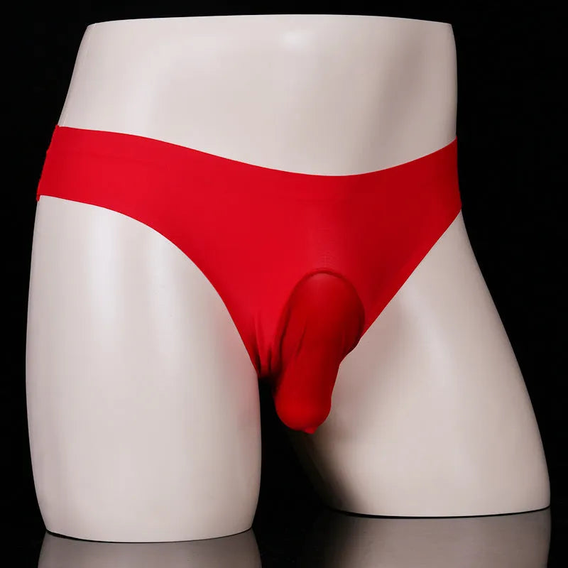 Men's ice silk underwear briefs in black, showing low waist and T-back design
