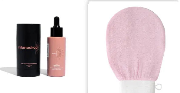 Matte sun tanning black liquid showing 50ml tanning drops bottle and 75ml tanning flash cream tube