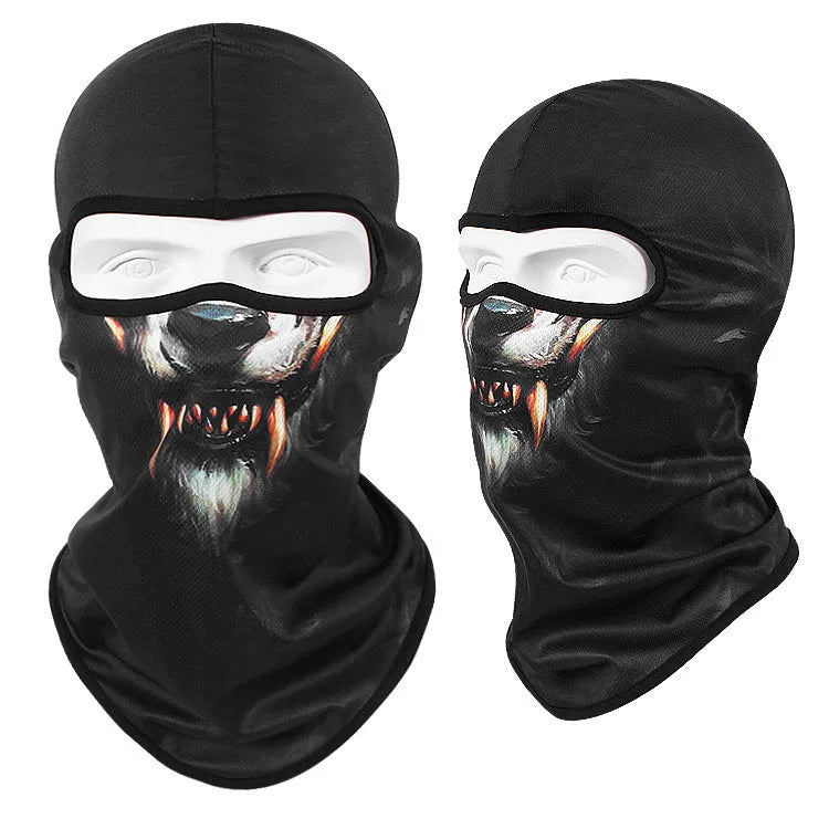 Breathable Bakool silk motorcycle skull mask in a graphic design, laid flat showing its 36cm by 29cm size.