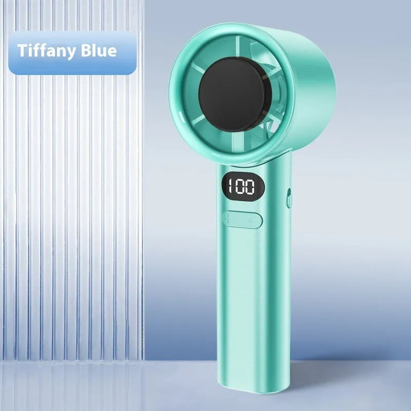 A handheld USB rechargeable fan showing 120-speed control, in green colour with plastic blades.