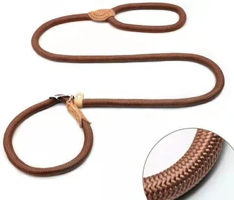 Brown nylon dog leash with P chain handle, showing 2.1 metre length.