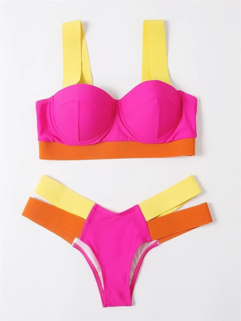Women's contrast colour bikini swimsuit with steel bracket push-up top, shown in multiple colour options.