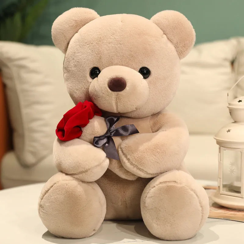 Rose bear plush stuffed animal doll in beige, brown or grey with cartoon design