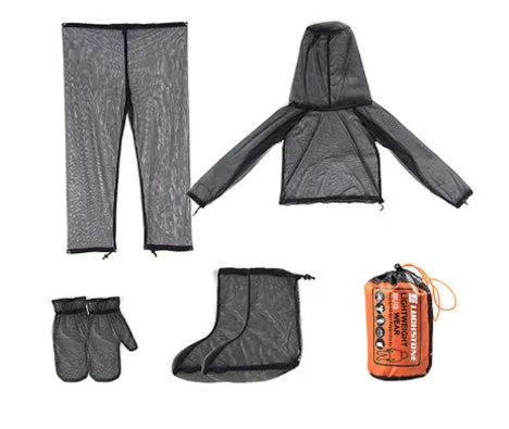 Full four-piece anti-mosquito suit set including hooded mesh top, pants, and protective booties for outdoor activities