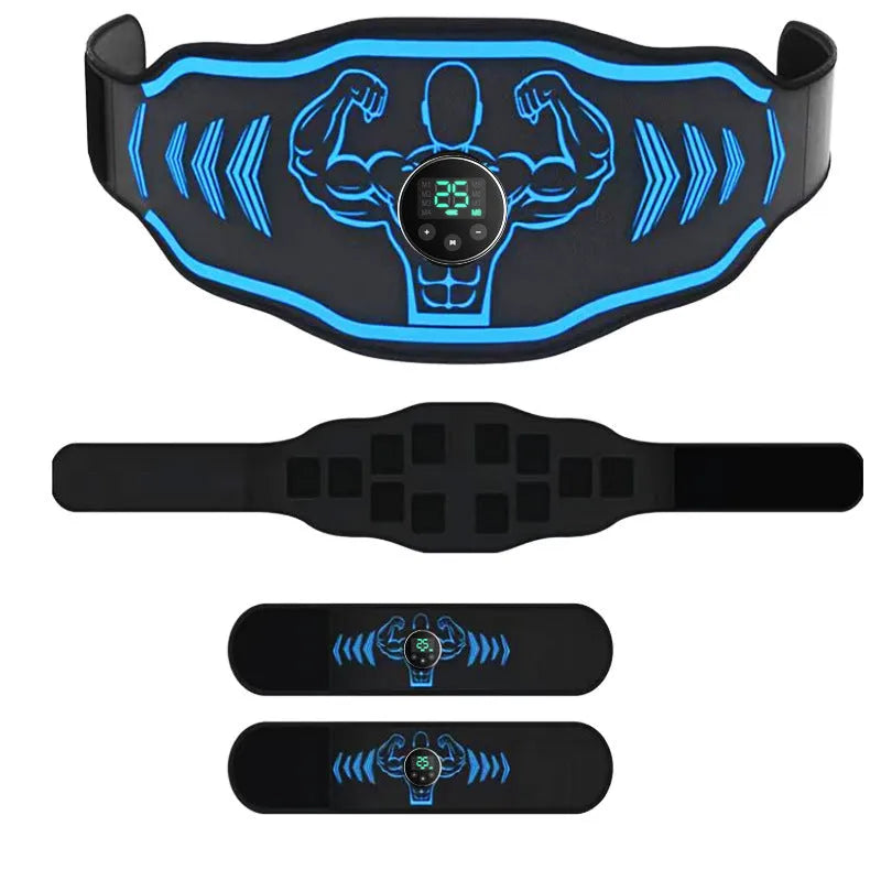 Smart EMS massage belt fitness equipment in orange and blue colours with rechargeable host and arm stickers