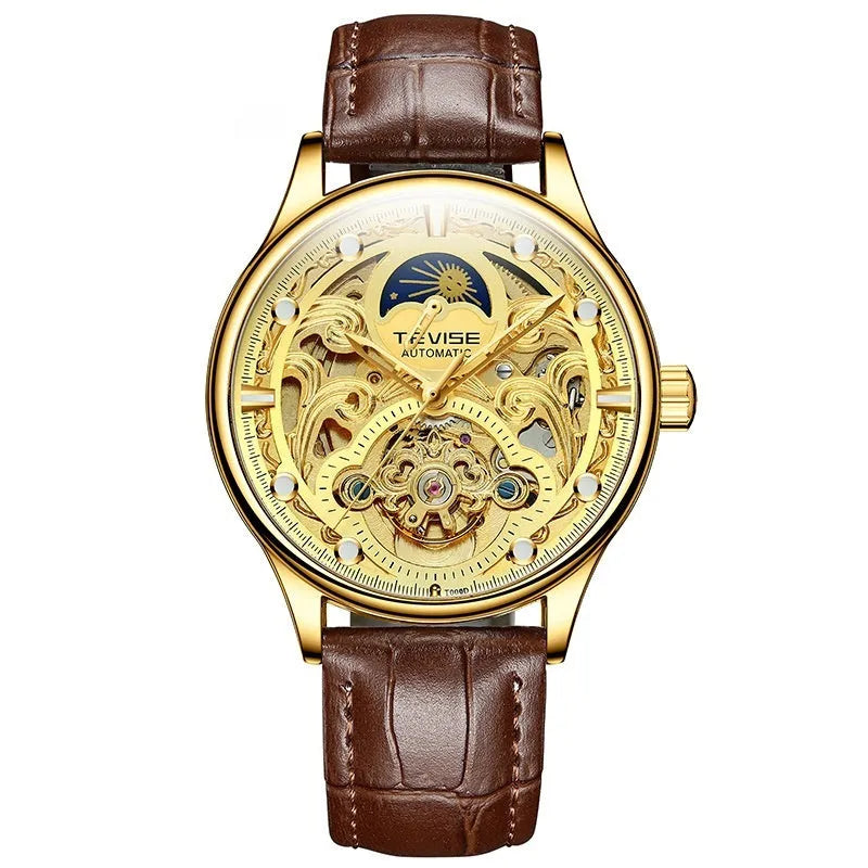 Men's gold leather strap automatic mechanical watch with 16mm waterproof case