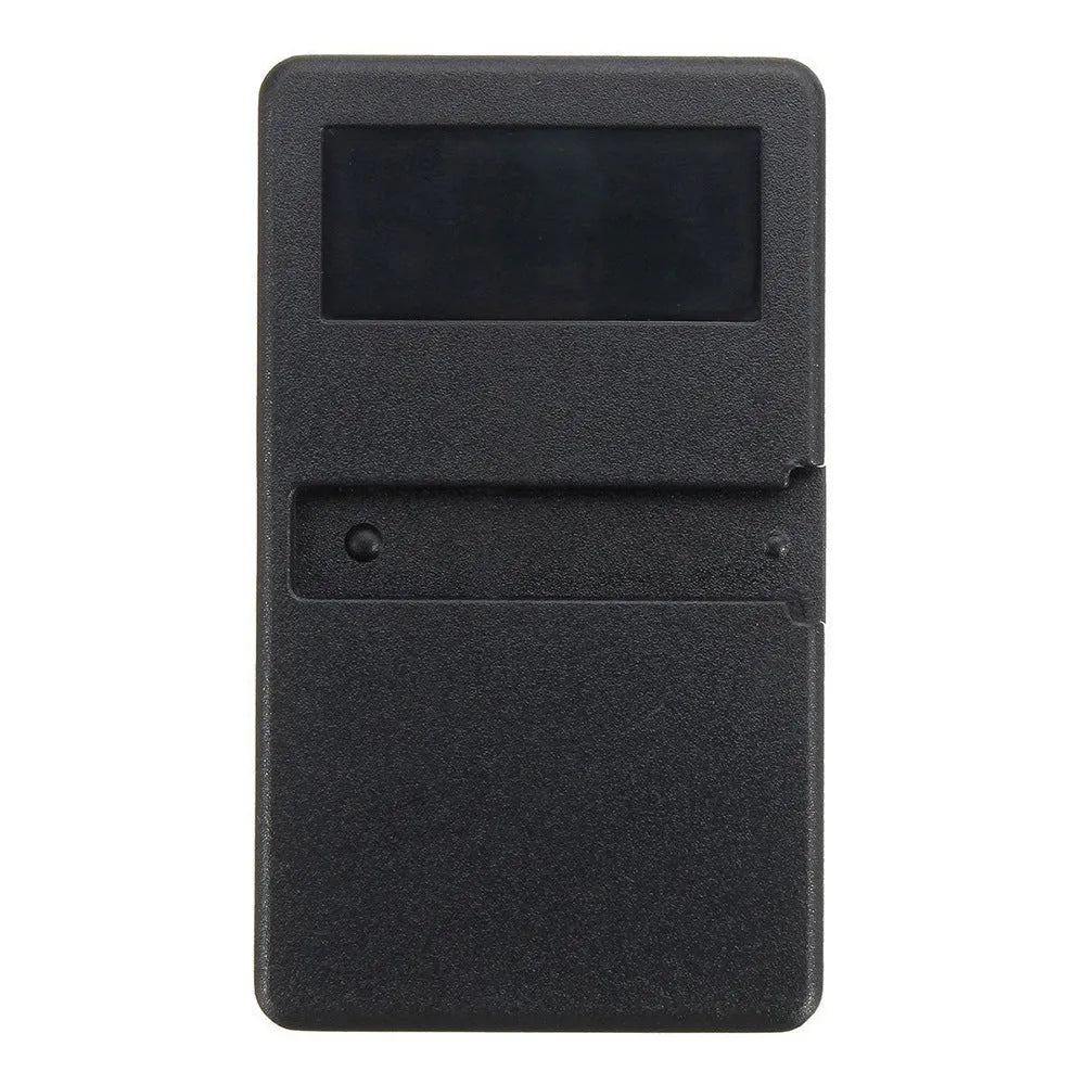 Black plastic three-button garage door remote control for LiftMaster openers.