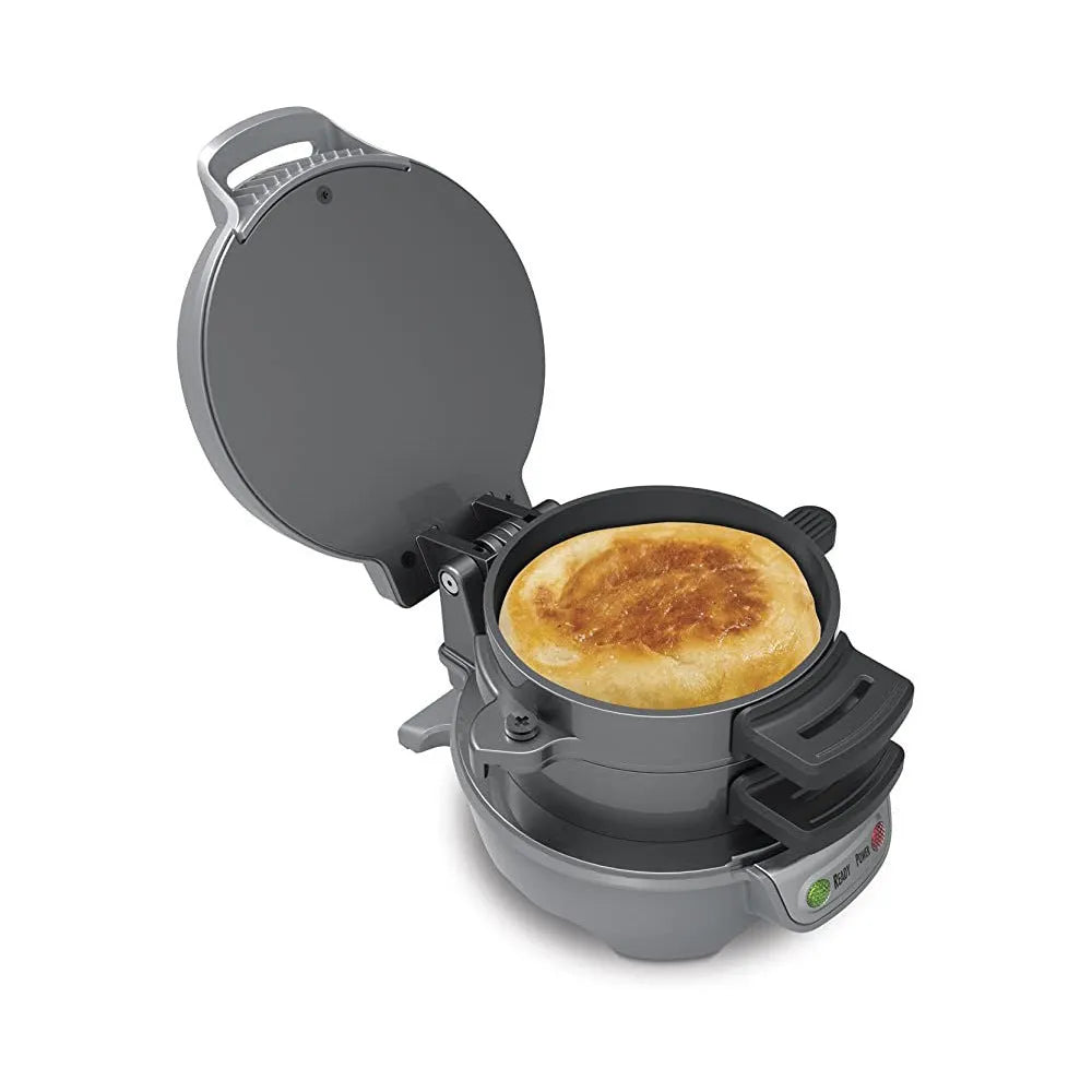 Bright red breakfast sandwich maker with egg cooker ring and two non-stick baking trays