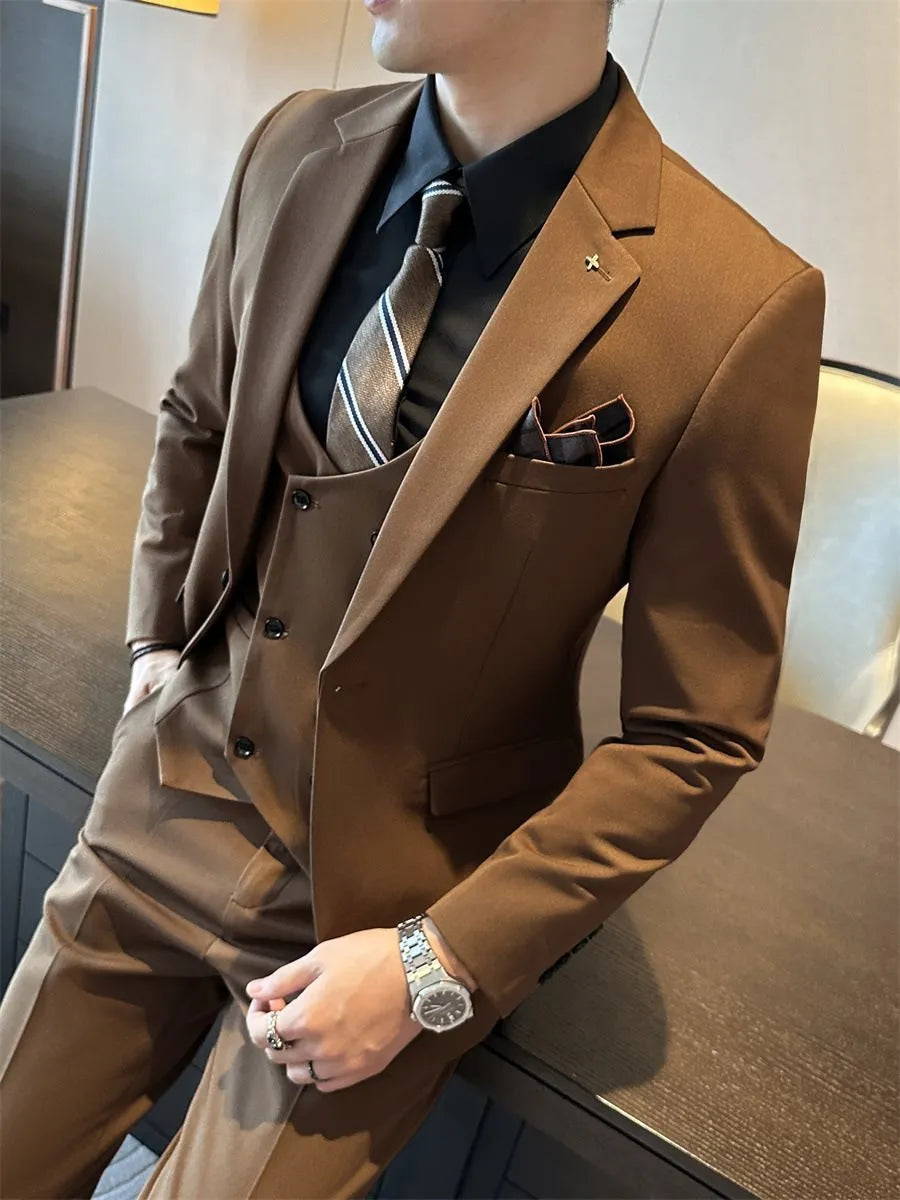 Men's slim fit business formal wear jacket in dark green, brown, and camel colours
