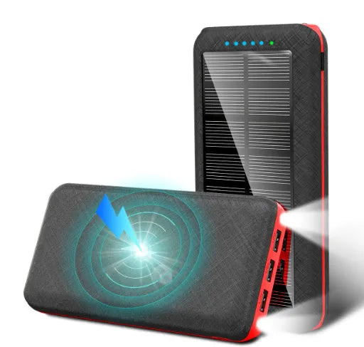Black wireless solar power bank with Qi charging pad, three USB ports and an LED flashlight