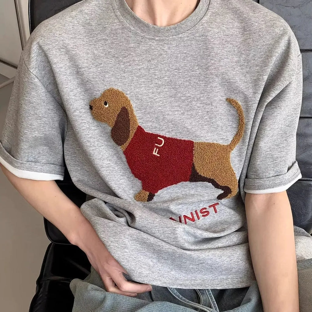 Gray men's T-shirt with an embroidered textured sausage dog design on the front.