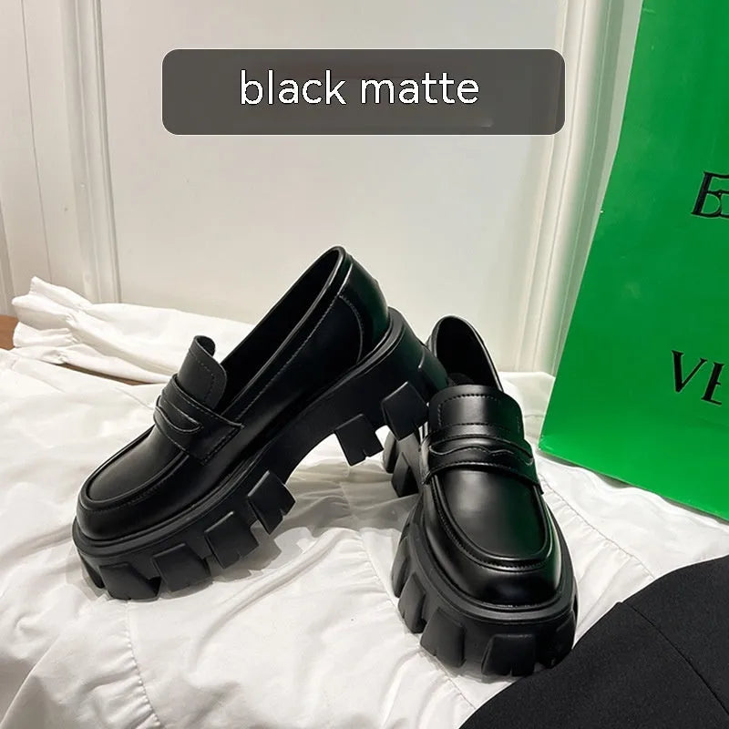 British wide-fit loafers in patent leather or matte finish with muffin heel and rubber sole