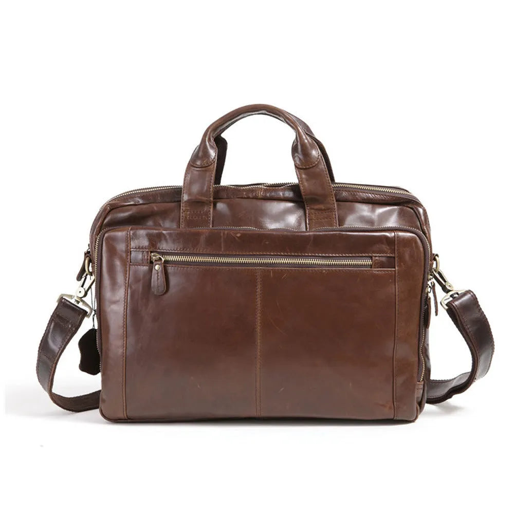 Brown leather business briefcase with 18-inch measurement for laptop storage