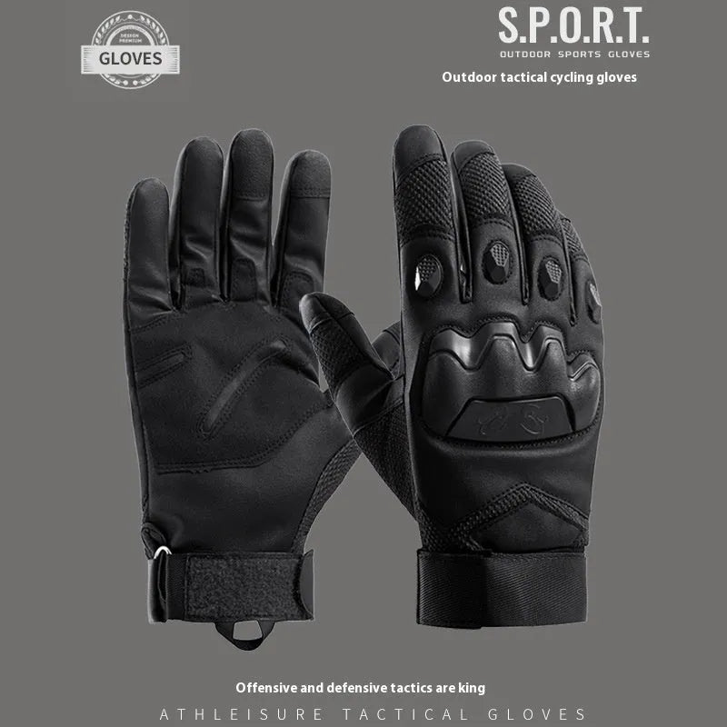 Men's black full finger tactical gloves with touch screen fingertips on a hand.
