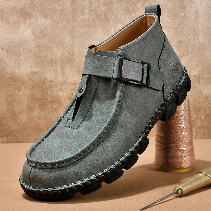 Handmade casual slip-on shoes in black, brown, or green with a flat heel and stitched sole.