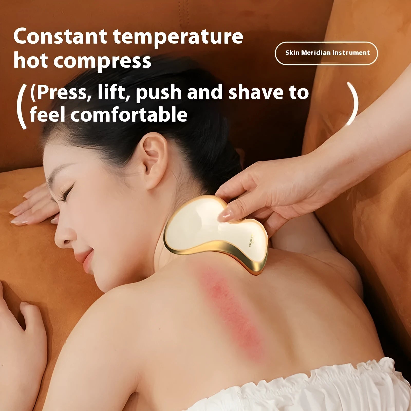Electric scraping plate with USB charging cable, golden yellow metal finish, for skin meridian therapy