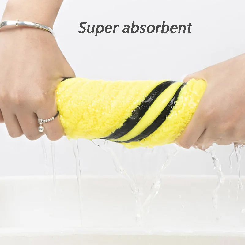 Yellow microfiber dog drying towel on hook, super absorbent for quick drying pets