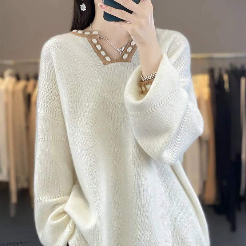 Women's camel V-neck viscose sweater with long sleeves on hanger