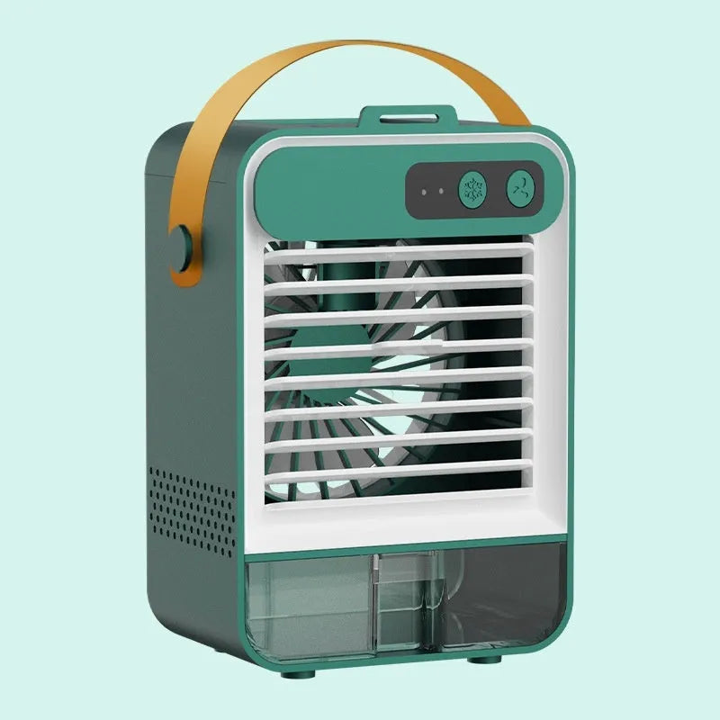 Dark green desktop humidifying air cooler with USB cable and compact dimensions for personal cooling
